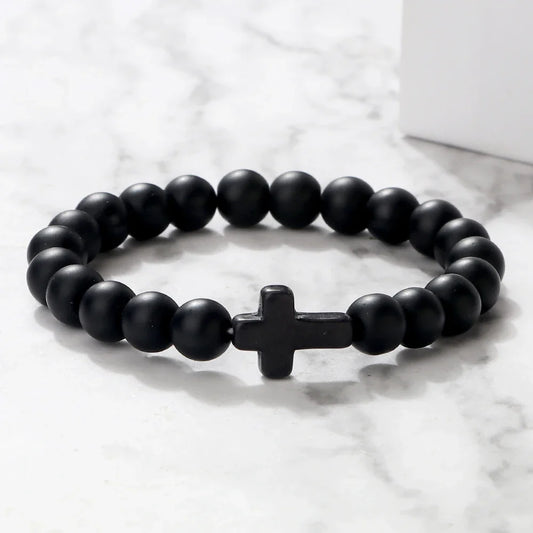 Natural Stone Cross Bracelet - Black Lava Matte Beaded Jewelry for Men & Women Prayer, Fitness & Gift
