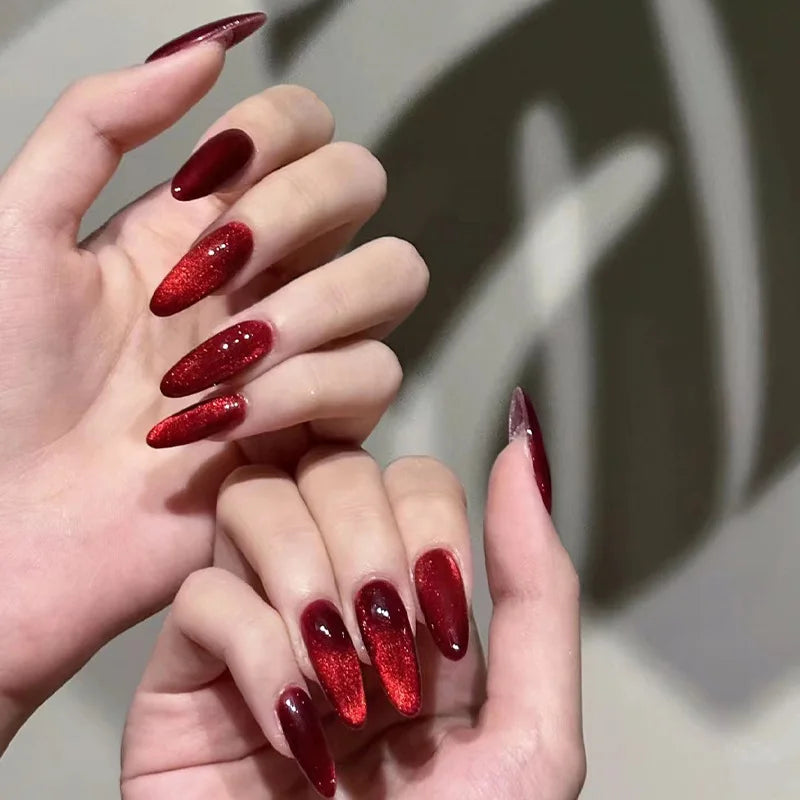 24PCS Glossy Red Cat Eye Press-On Nails Almond Full Cover Reusable Fake Nail Set