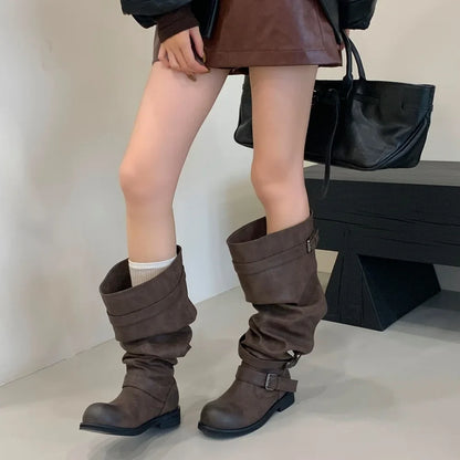 Eilyken Women’s Over-the-Knee Boots – Round Toe Punk Style with Pleated Buckle Strap, Low Square Heels for Autumn Winter