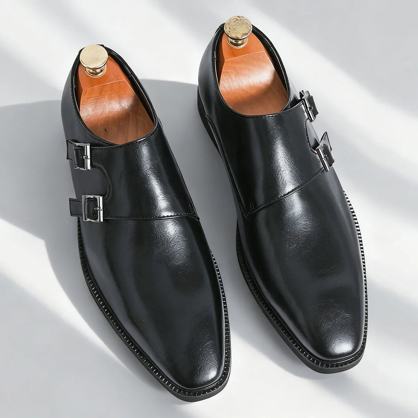 Men’s Retro Monk Strap Dress Shoes - Pointed Toe Leather Oxfords for Business, Office & Wedding