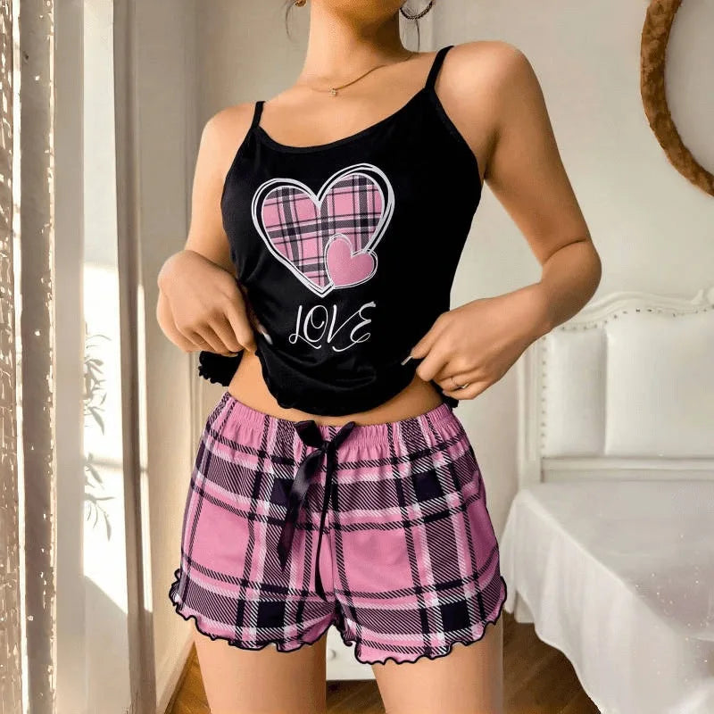 Women’s Sexy Suspender Pajama Set - Letter Print Plaid Shorts Romantic Thin Nightwear Home Wear