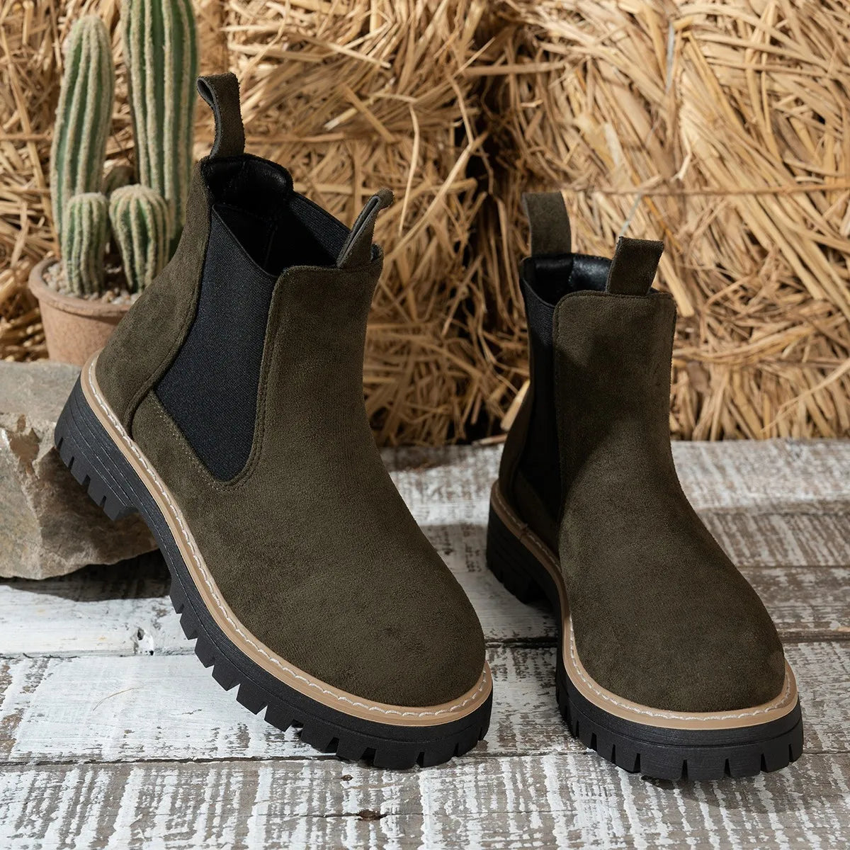 Women’s Winter 2025 Black Suede Ankle Boots – Platform Chelsea Casual Motorcycle Short Boots