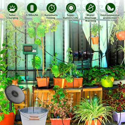 Solar Drip Irrigation System Kit – Automatic DIY Garden Watering Timer with Display Screen for Plants & Travel Use