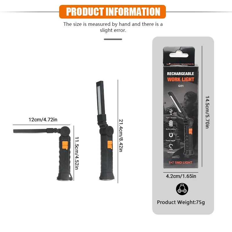 Portable COB LED Work Light - USB Rechargeable Magnetic Flashlight Camping Lantern with Hanging Hook