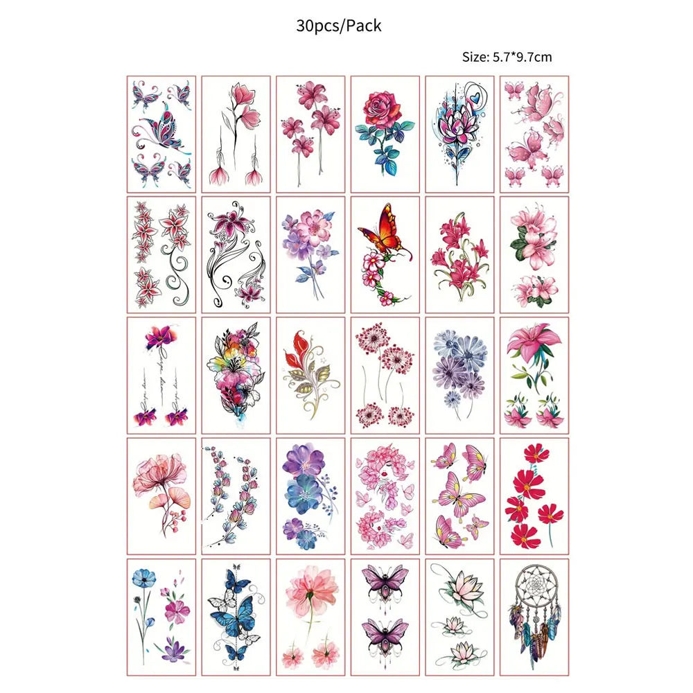 30pcs Black Temporary Tattoo Stickers - Flower Butterfly Rose Moon Star Mandala Designs for Hand, Chest & Body Art