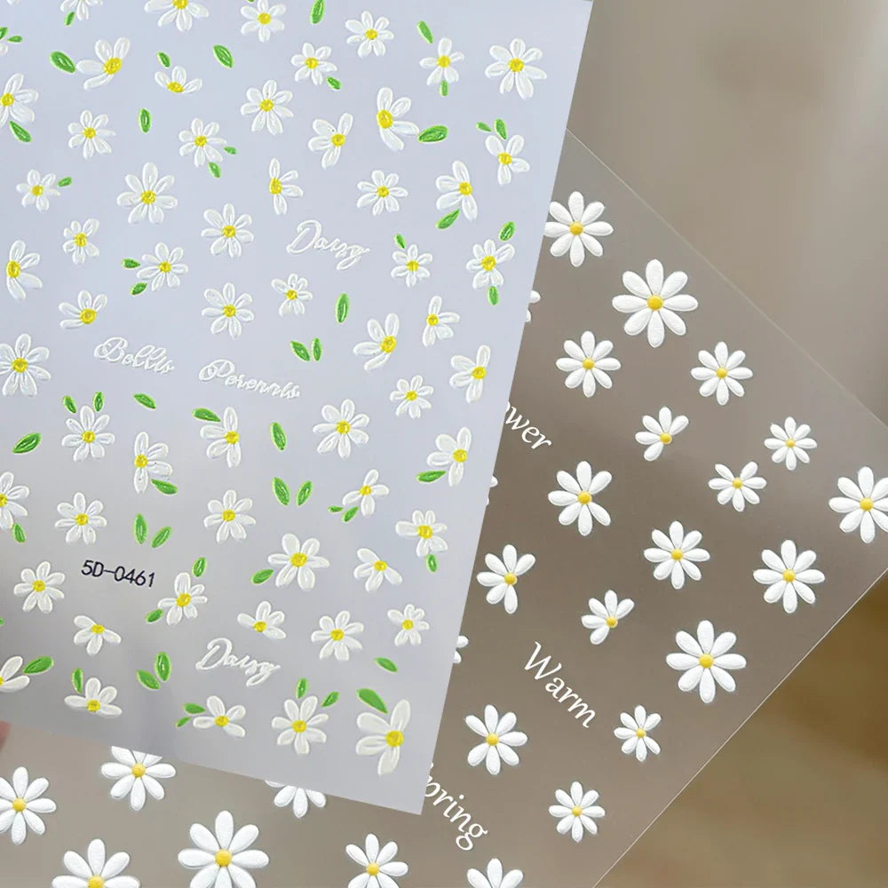 5D Daisy Nail Art Stickers - White Flower & Green Leaf Embossed Decals for DIY Spring Summer Nail Decoration
