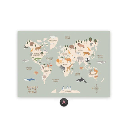 Pastel Animal World Map Canvas Wall Art – Educational Nordic Poster Print for Kids Room Decoration & Nursery Home Decor