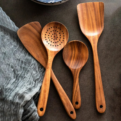 Wood Kitchenware Cooking Set – Household Spatula, Spoon, Fork & Salad Utensils with Storage Bucket