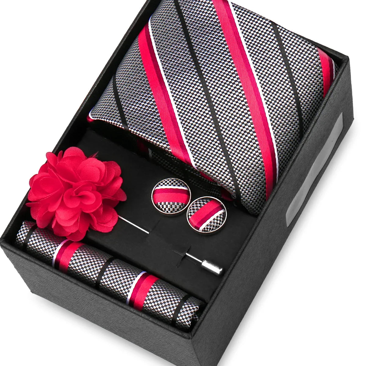 Elegant Men’s Necktie Gift Set - Fashion Tie with Handkerchief, Cufflinks & Brooch Pin Accessories for Business & Wedding