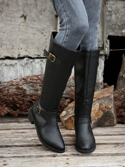 Women’s Winter High-Top Knight Boots – Side Zipper & Belt Buckle, Pointed Toe, PU Material with Cotton Lining