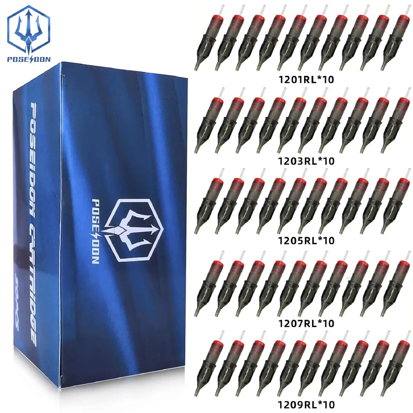 POSEIDON V2 50PCS Mixed Tattoo Cartridge Needles – RL, RS, RM, M1 Disposable Safety Membrane Needles for Professional Tattooing
