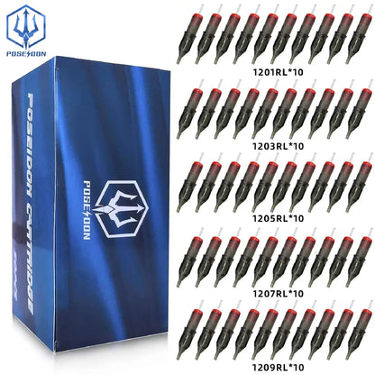 POSEIDON V2 50PCS Mixed Tattoo Cartridge Needles – RL, RS, RM, M1 Disposable Safety Membrane Needles for Professional Tattooing