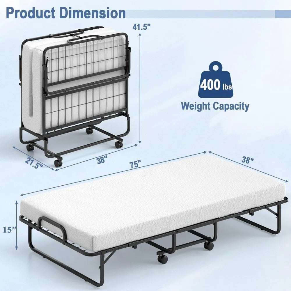 Foldable Twin Size Rollaway Bed with Mattress – Space Saving Portable Guest Bed with Memory Foam, Adult Folding Bed for Home & Travel