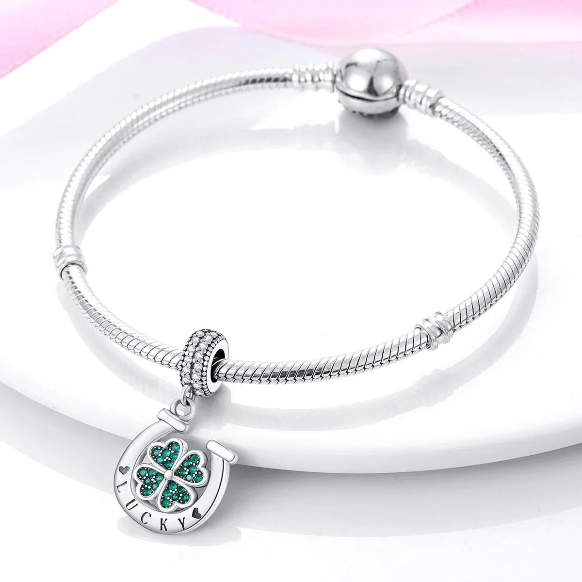 MULA Silver-Plated Sunflower & Four-Leaf Clover Dangle Charms - DIY 3MM Snake Chain Bracelet