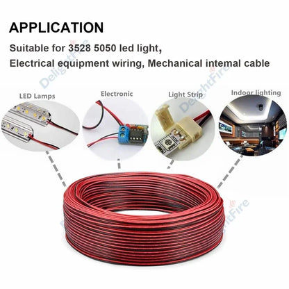 12V Red & Black Hookup Wire – 2-Pin Automotive Flat Cable for LED Extension, Doorbell, Lighting, & Speakers
