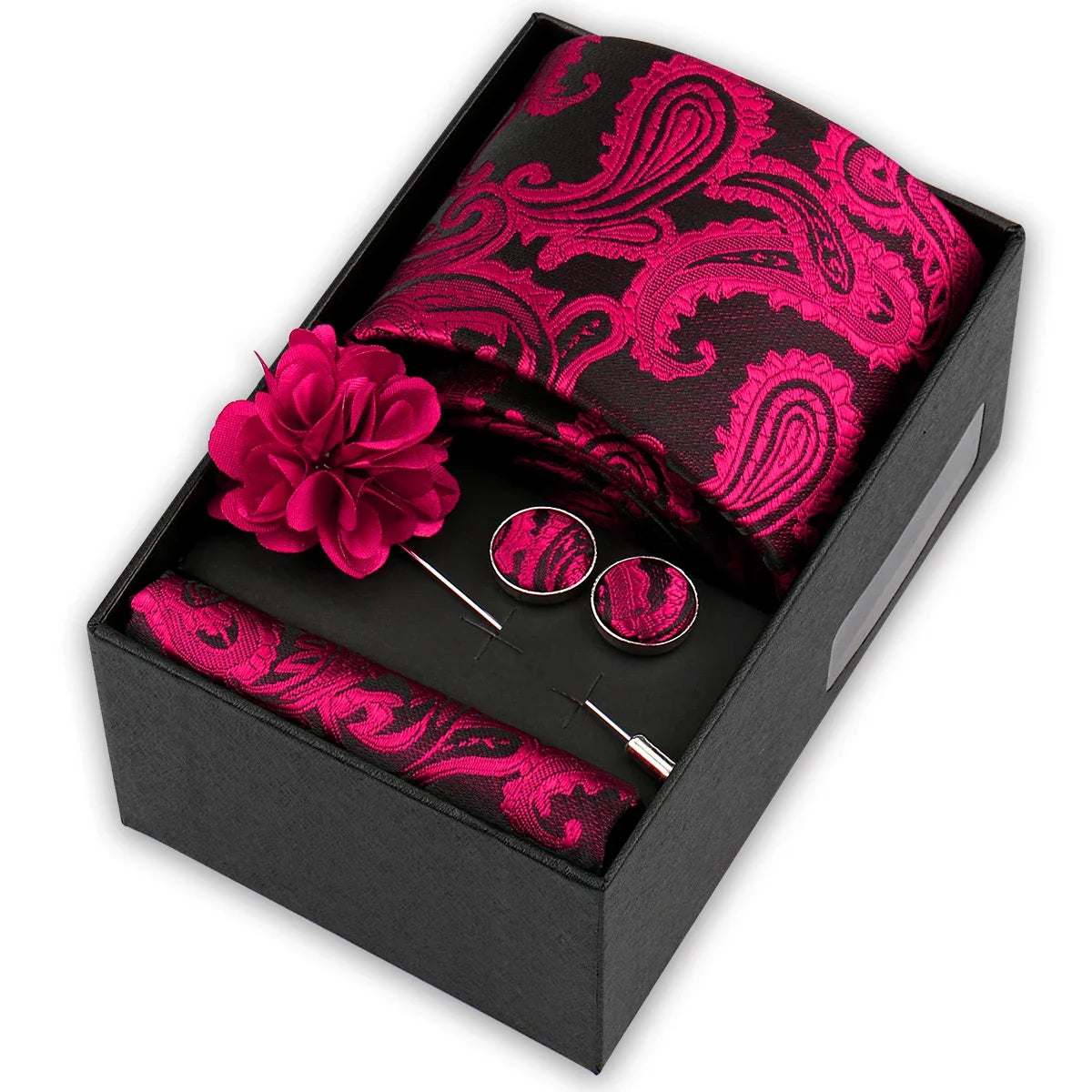 Men’s 4-Piece Tie Set Gift Box - Elegant Necktie with Handkerchief, Cufflinks & Brooch for Business, Wedding & Suit Accessories