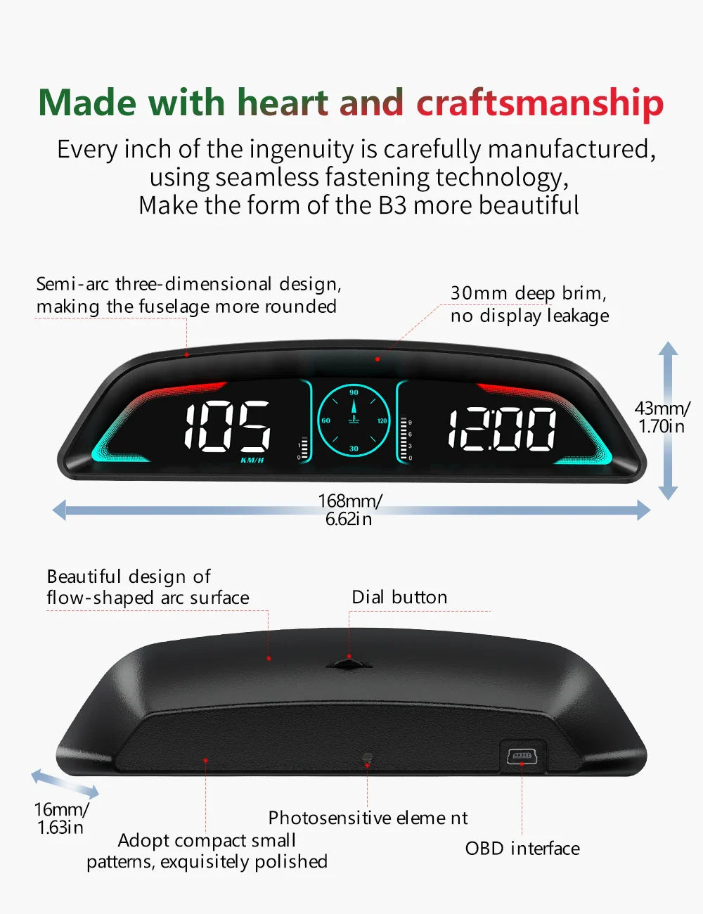 AD G3/B3 OBD2 GPS Head-Up Display – Smart Car HUD with Digital Speedometer, RPM, Water Temp, Clock & Security Alarm