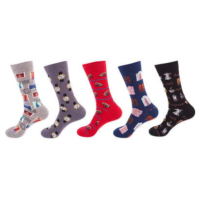 5-Pair Men’s Cotton Sports Socks Pack - Hip Hop Harajuku Pastel Print Long Tube Running Casual Socks