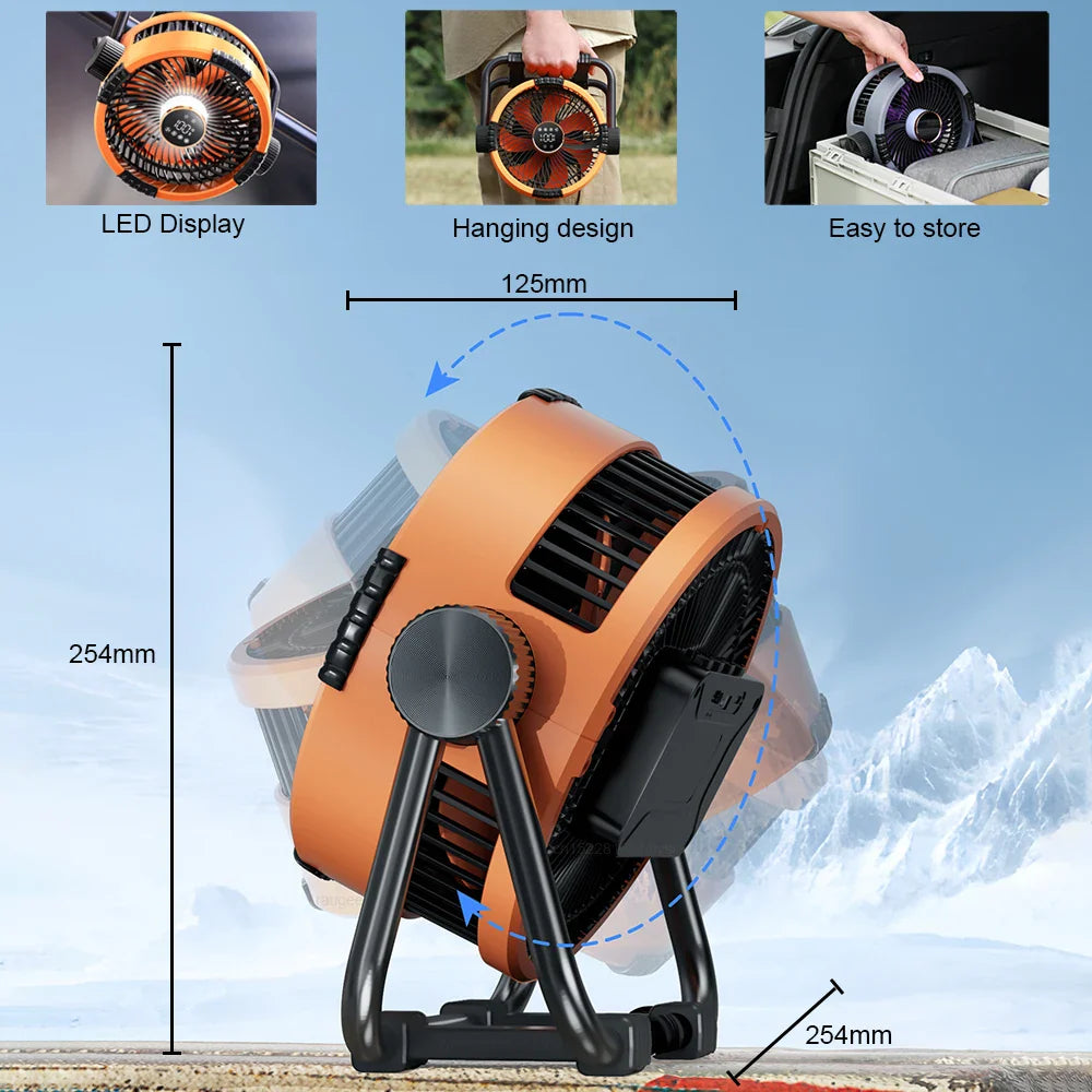 Camping Fan 20000mAh – Rechargeable Portable Outdoor Tent Fan with Air Circulator, Wireless Ceiling Fan, Hook, and Light