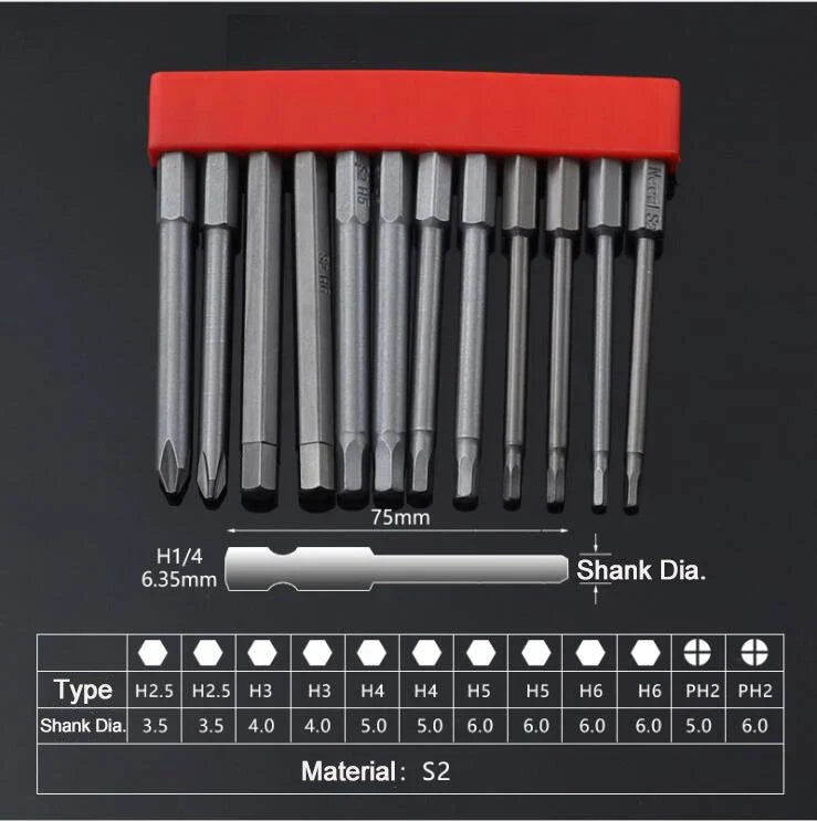 12Pcs 1/4 Inch Magnetic Screwdriver Bits - 50mm 75mm 100mm Long Power Tool Bit Set