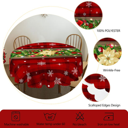 Christmas Printed Tablecloth - Holly Berry, Bow & Snowflake Holiday Dining Cover for Kitchen, Home & Terrace Decor