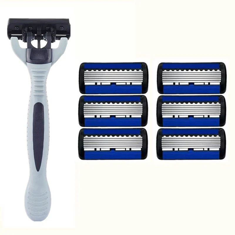Men’s Manual Safety Razor – 6-Layer Stainless Steel Hair Removal Knife with Replaceable Heads and Razor Tools
