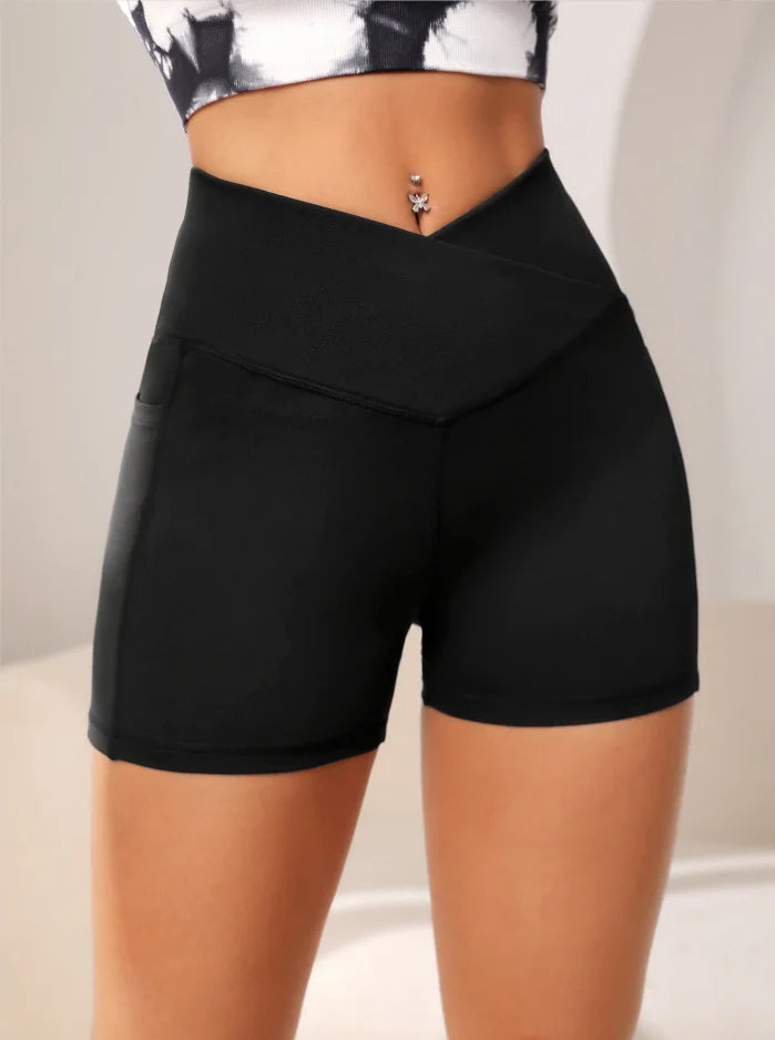 Women High Waist Yoga Biker Shorts - Cross Waist Fitness Shorts with Pocket for Workout & Activewear