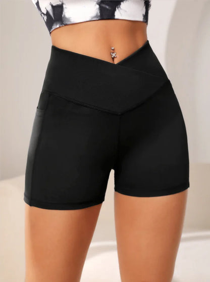 Women High Waist Yoga Biker Shorts - Cross Waist Fitness Shorts with Pocket for Workout & Activewear