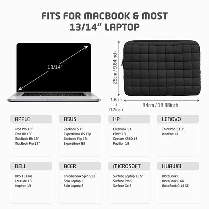 Puffy Quilted Laptop Bag Sleeve 11-15.6 Inch — Protective Notebook Cover for MacBook Air/Pro, iPad, Lenovo, HP