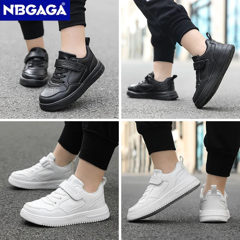 Kids' Black Leather Sneakers – Non-Slip Casual Walking & Tennis Shoes for Boys and Girls