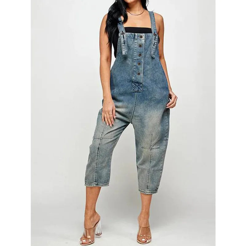 Women's Denim One Piece Jumpsuit - Sleeveless Straight Leg Overalls Romper for Casual & Office Wear