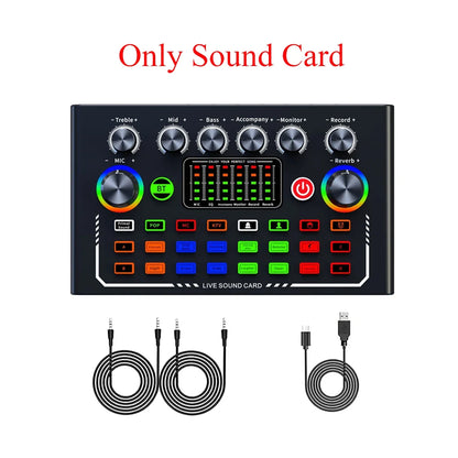 F009 Live Sound Card Mixer - Bluetooth DJ Audio Interface with Microphone Kit for Smartphone Live Streaming & Recording