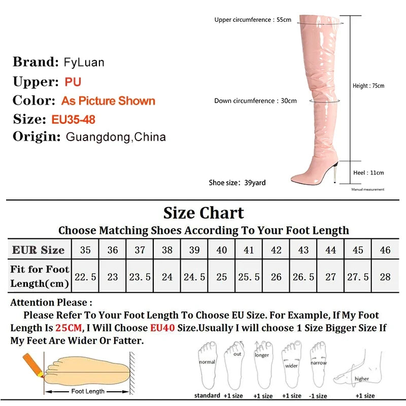 Women’s Plus Size Thigh-High Stiletto Boots - 11CM Pointed Toe Over-the-Knee Party Heels Sizes 45-47