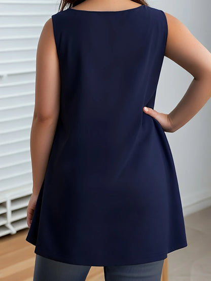 Plus Size V-Neck Tunic Tank Top - Loose Sleeveless Casual Solid Color Vest