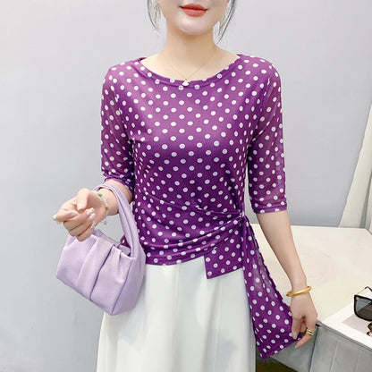 Women’s Polka Dot Mesh T-Shirt - Summer Half Sleeve Irregular Sweet Casual Top