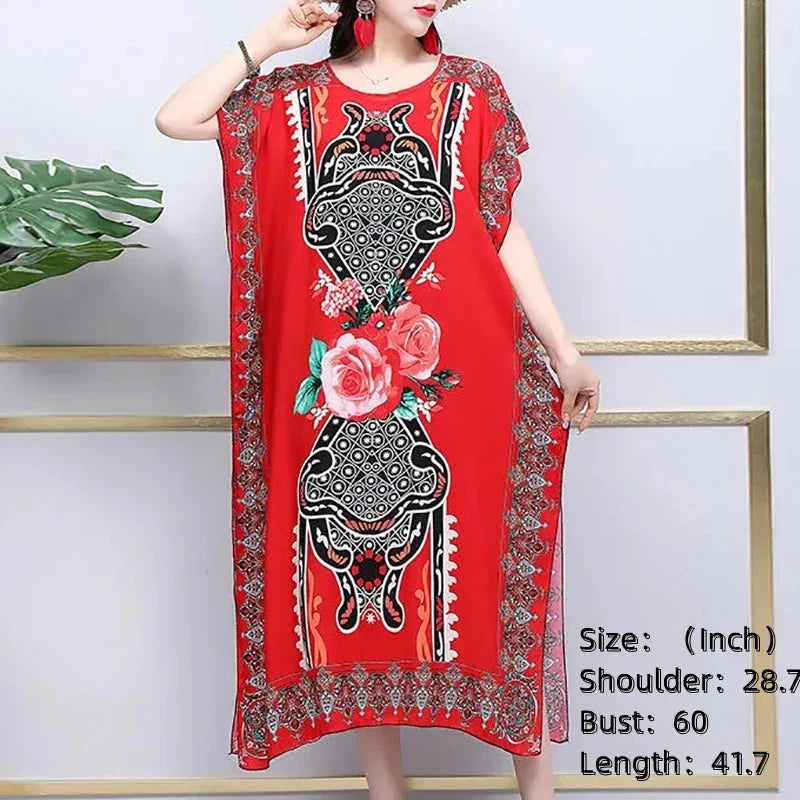 Women’s Bohemian Floral Tunic Dress - Retro Ethnic Print Batwing Sleeve Loose Summer Maternity Streetwear