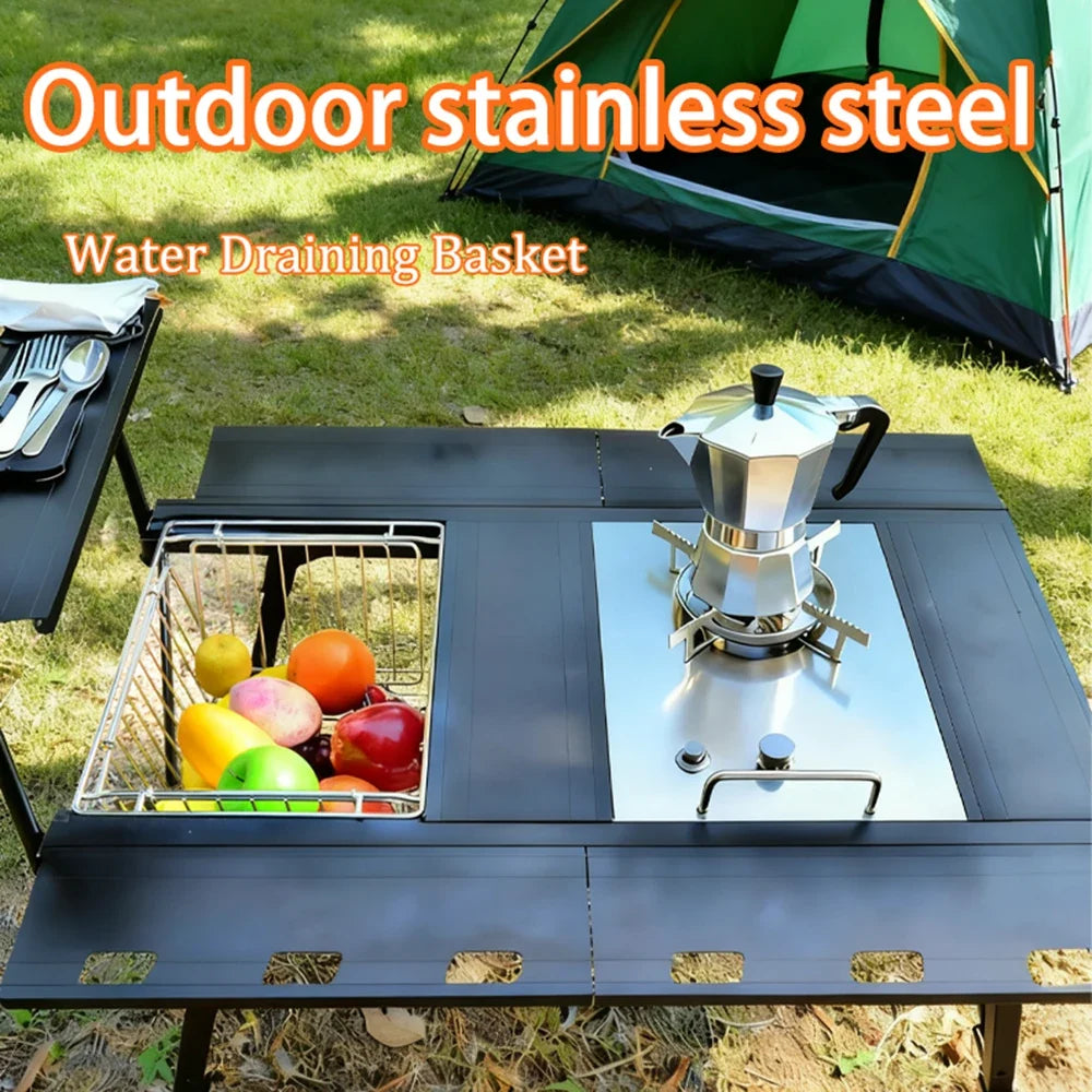 Folding Stainless Steel IGT Basket - 10L Portable Camping Drain Basket & Table Organizer Accessory