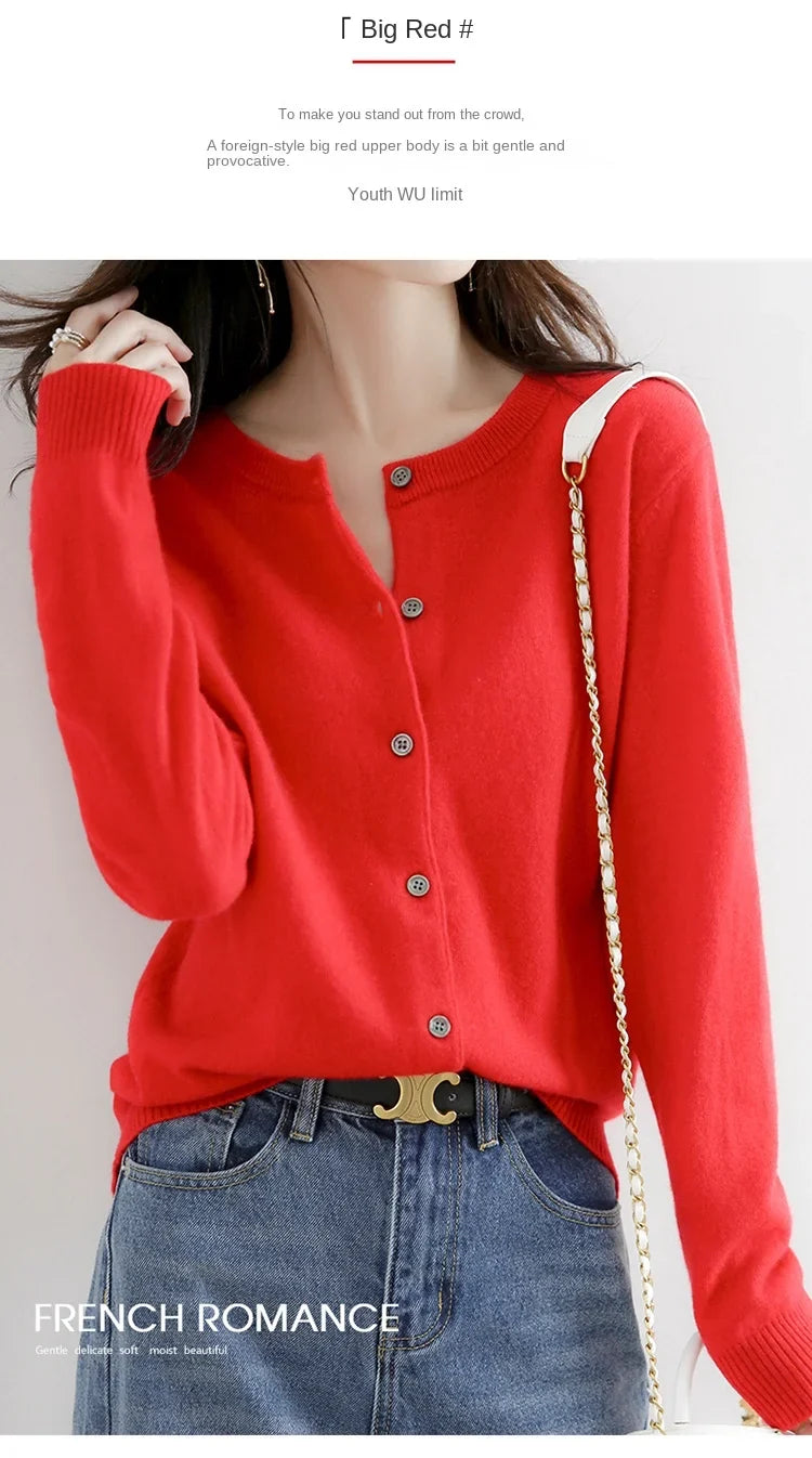Women’s Solid Color Knit Cardigan - Spring Autumn Round Neck Worsted Sweater ZD-021