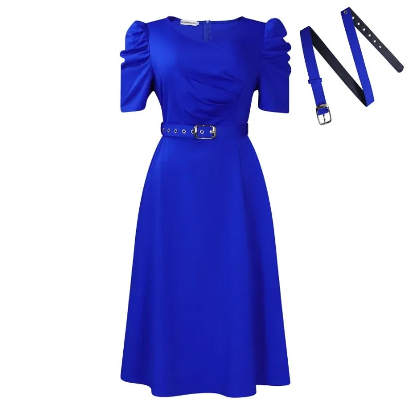 Women's Pleated A-Line Dress - Elegant V-Neck Short Sleeve Office & Church Wear