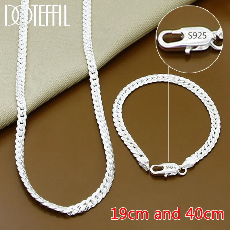 DOTEFFIL 925 Sterling Silver Side Chain Necklace & Bracelet – 6mm, 8-24 Inch, Fashion Charm Wedding Jewelry for Women & Men