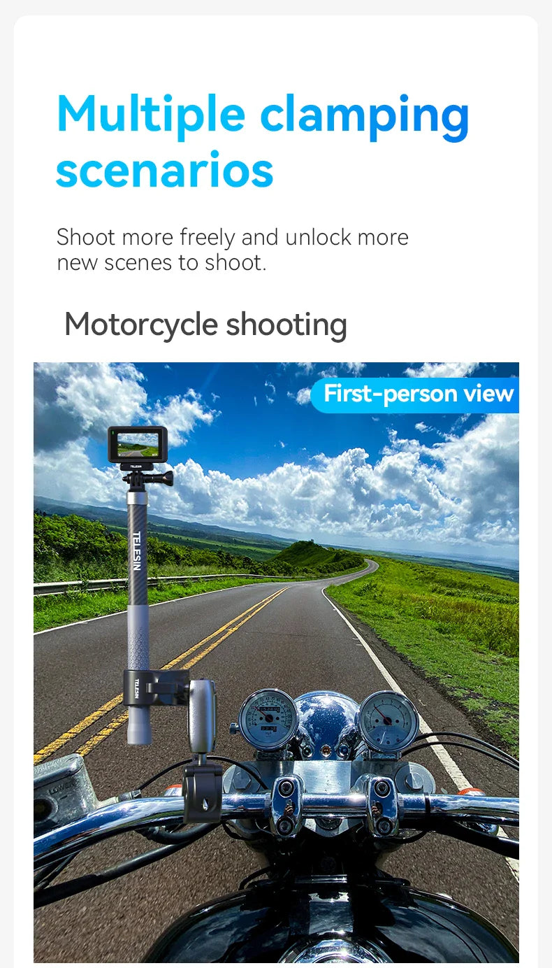 TELESIN Motorcycle Bike Monopod, Panoramic Handlebar Mount, Invisible Selfie Stick Bracket for GoPro Hero, DJI, Insta360