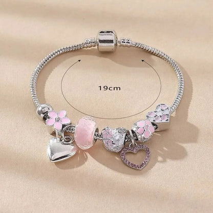 Obega Love Heart Flower Glass Pendant Bracelet – Classic Pink & White Crystal Stone, Adjustable Bead, Silver/Gold Color