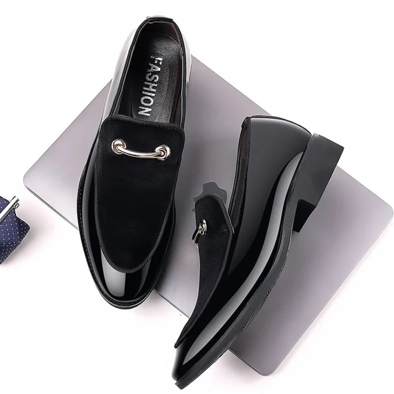 Men’s Black Patent Leather Loafers - Luxury Slip-On Formal Business Casual Party Shoes Large Size