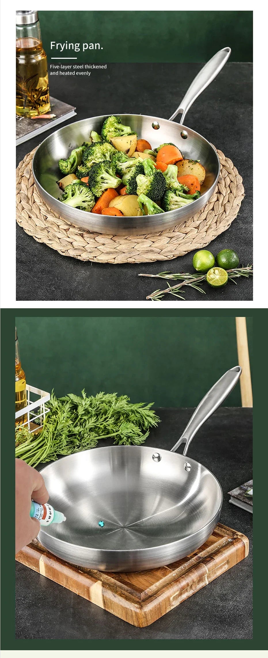 304 Stainless Steel Frying Pan – Non-Stick Skillet for Steak, Gas & Induction Cooking