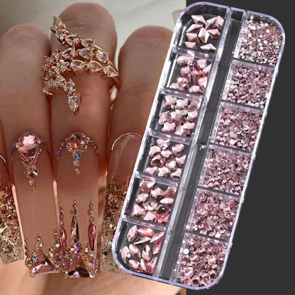 12-Grid Mixed Nail Rhinestones SS6-SS30 – Shiny Flat-Back Gems in Clear, Gold, Pink & Blue for Nail Art Decoration