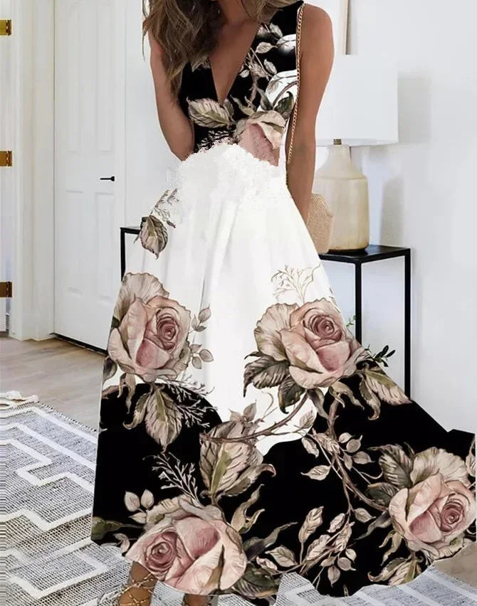 Women's Summer V Neck Maxi Dress - Sleeveless High Waist Elegant Print Dress for Office & Holiday Wear
