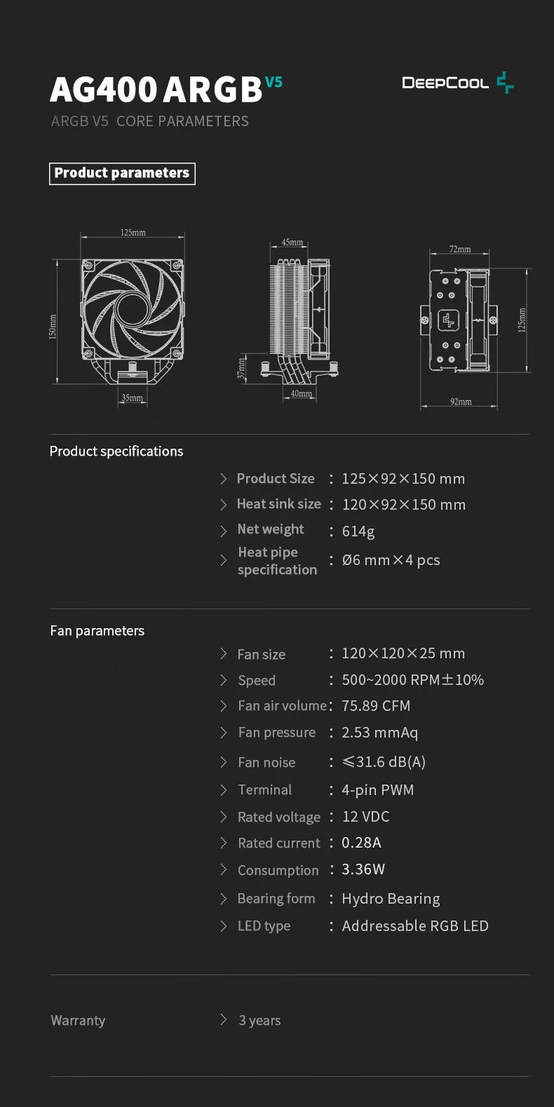 DEEPCOOL AG400 ARGB CPU Air Cooler — 4 Heat Pipe PWM Cooler for Intel LGA1700/1200/115X/1151/1155 & AMD AM4/AM5