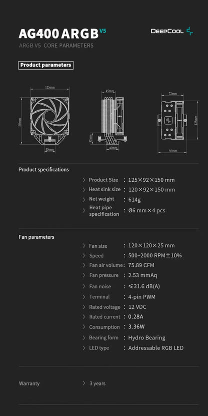 DEEPCOOL AG400 ARGB Air Cooler — 4 Heat Pipe CPU Cooler with PWM for Intel LGA1700/1200/115X & AMD AM4/AM5