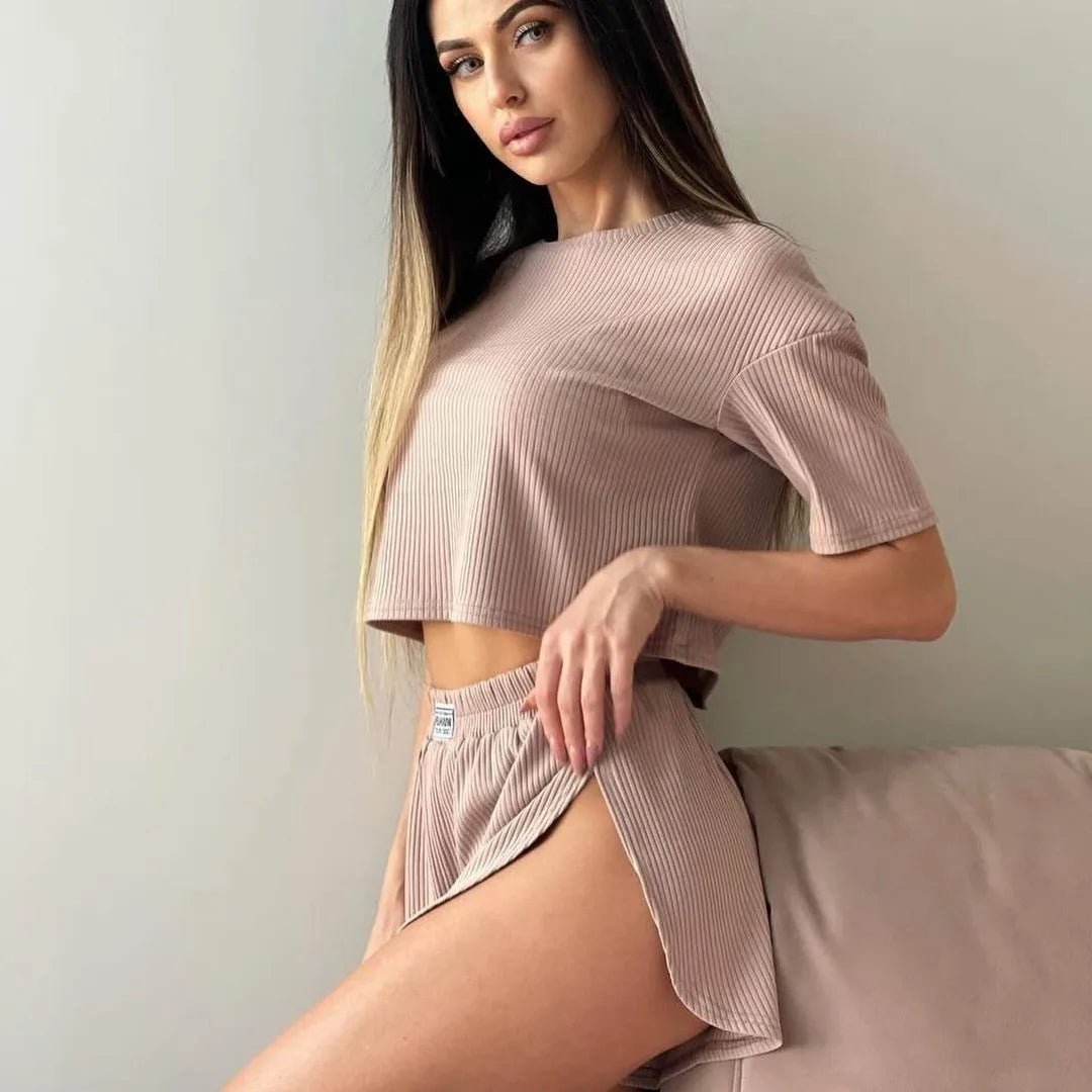 Women's Two-Piece Pajamas Set – Comfortable Sexy Short Sleeve Top and Shorts Homewear