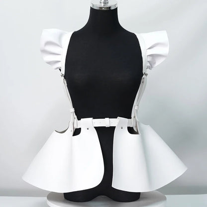Women’s Gothic Leather Body Harness Belt – Skirt Accessory with Ruffle Hem, Waist & Shoulder Fashion Belt